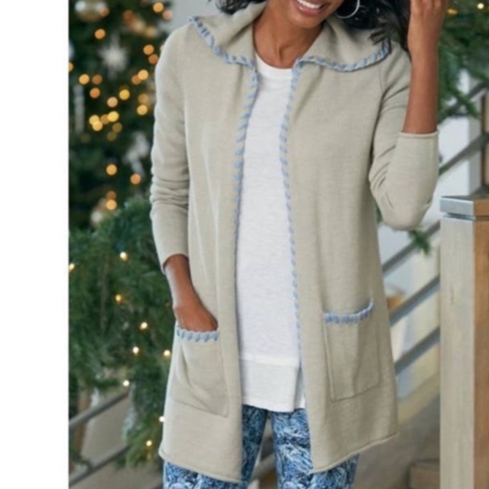 Soft Surroundings Farrah Large Open‎ Front Wool Beige Hooded Cardigan Sweater